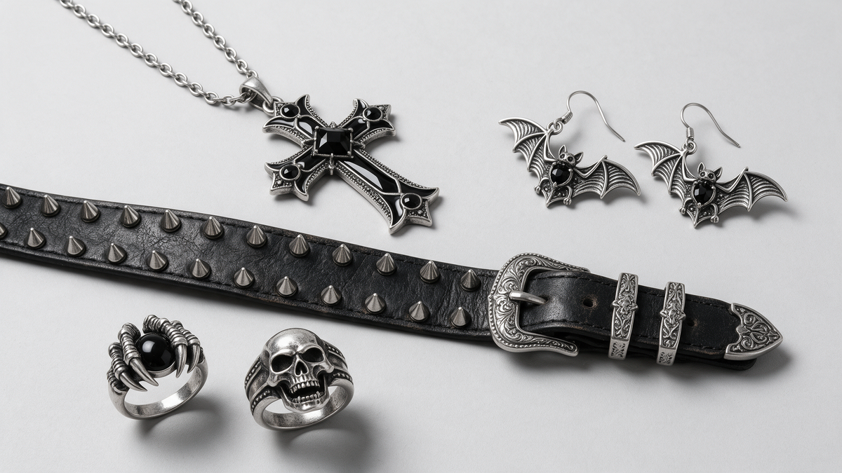Gothic silver jewellery flat lay: cross necklace, bat earrings, skull ring and studded belt by OSCURO