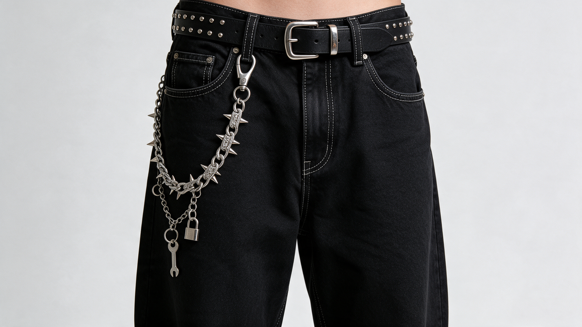 Y2K outfit with spiked pants chain and studded belt on black baggy jeans
