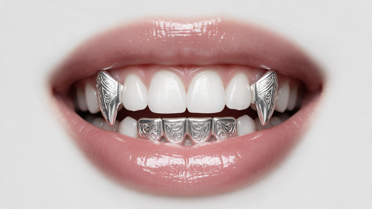 Silver vampire fang clip-on grillz worn on teeth