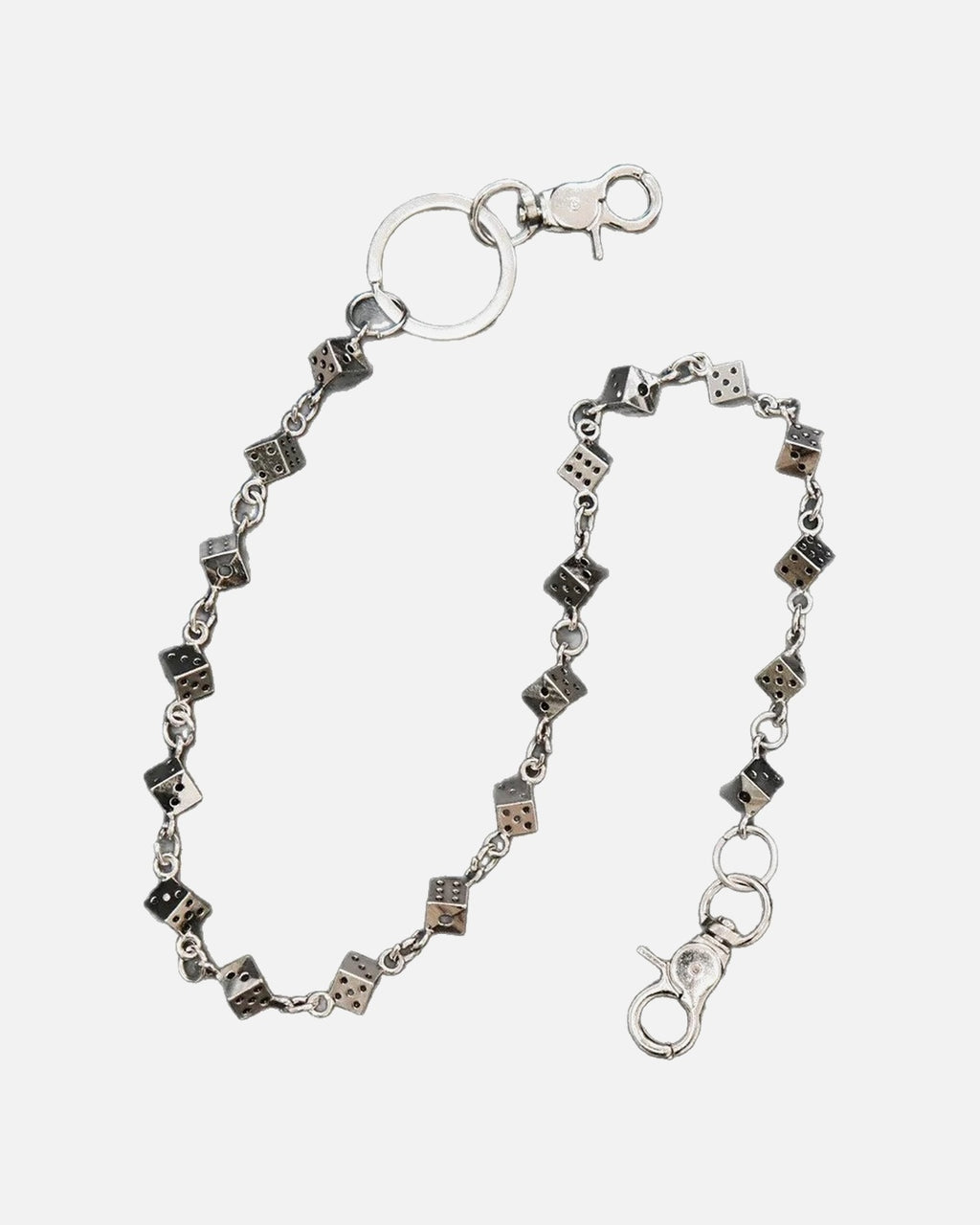 Dice Link Pants Chain – silver pants chain with black and white dice, product photo on grey background