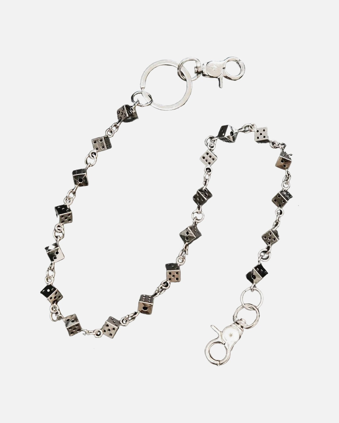 Dice Link Pants Chain – silver pants chain with black and white dice, alternate view