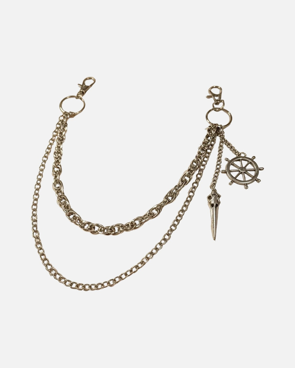 Helm Spike Layered Pants Chain – layered silver pants chain with spike and ship wheel charm, product photo on grey background