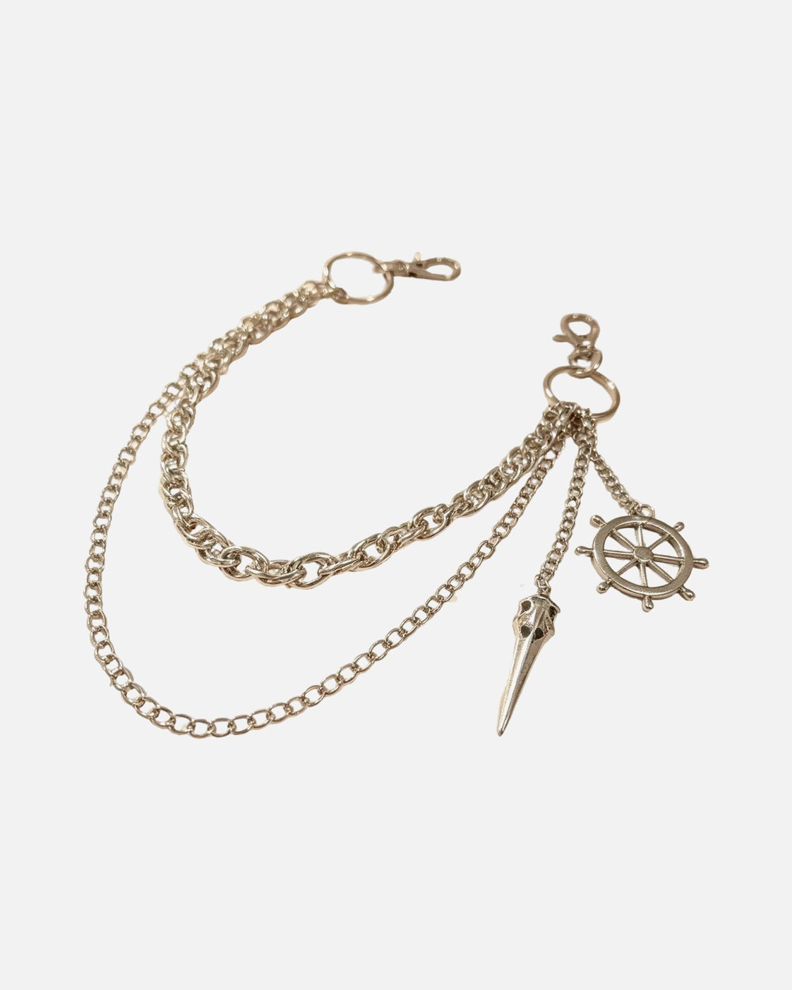 Helm Spike Layered Pants Chain – layered silver pants chain with spike and ship wheel charm, alternate view
