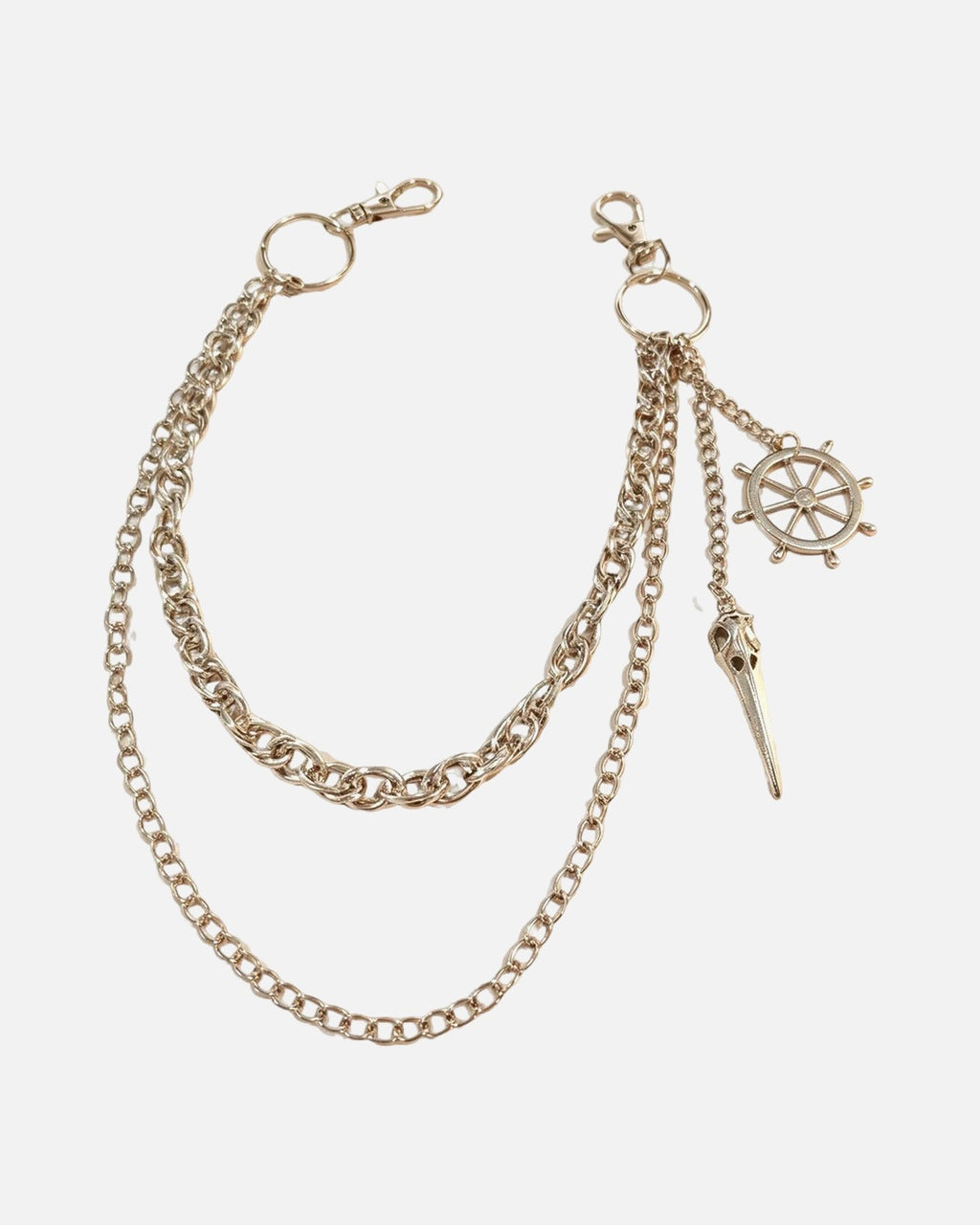 Helm Spike Layered Pants Chain – layered silver pants chain with spike and ship wheel charm, close-up detail