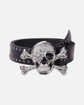 Rhinestone Skull Crossbones Belt – black studded belt with rhinestone skull and crossbones buckle, product photo on grey background
