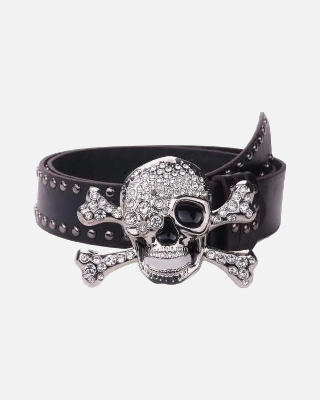 Rhinestone Skull Crossbones Belt – black studded belt with rhinestone skull and crossbones buckle, product photo on grey background