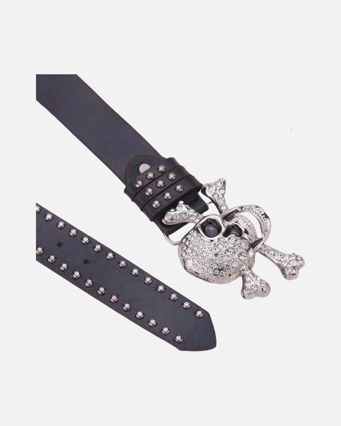 Rhinestone Skull Crossbones Belt – black studded belt with rhinestone skull and crossbones buckle, alternate view