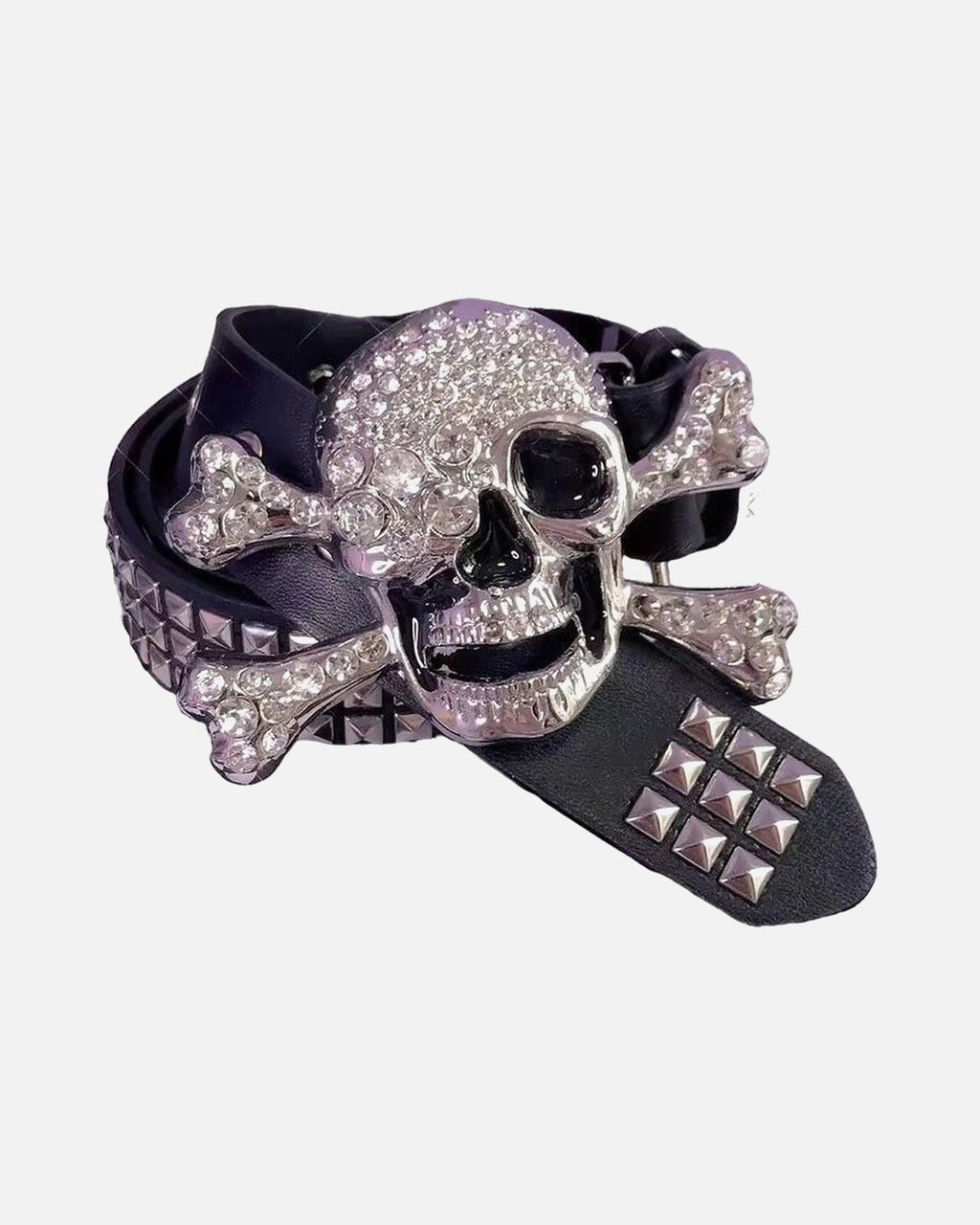Rhinestone Skull Crossbones Belt – black studded belt with rhinestone skull and crossbones buckle, close-up detail