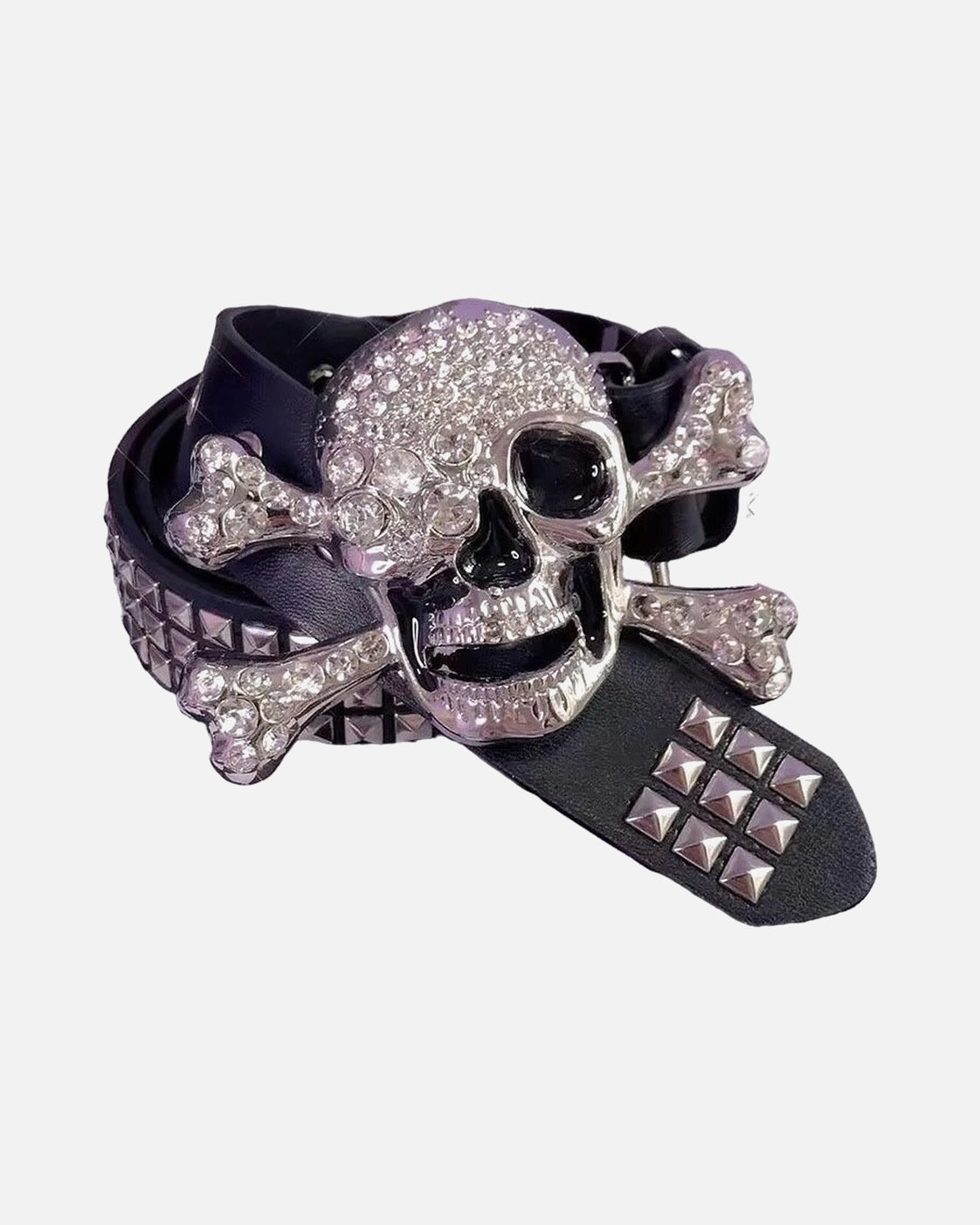 Rhinestone Skull Crossbones Belt – black studded belt with rhinestone skull and crossbones buckle, close-up detail