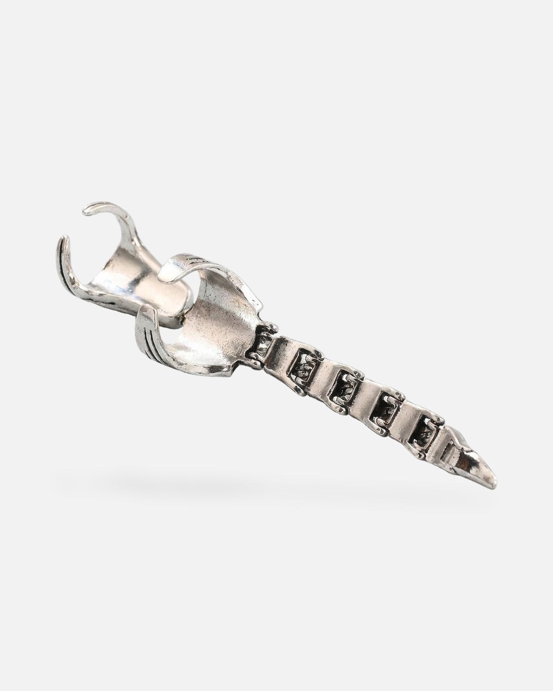 Scorpion Tail Ring – jointed silver scorpion tail ring, product photo on grey background