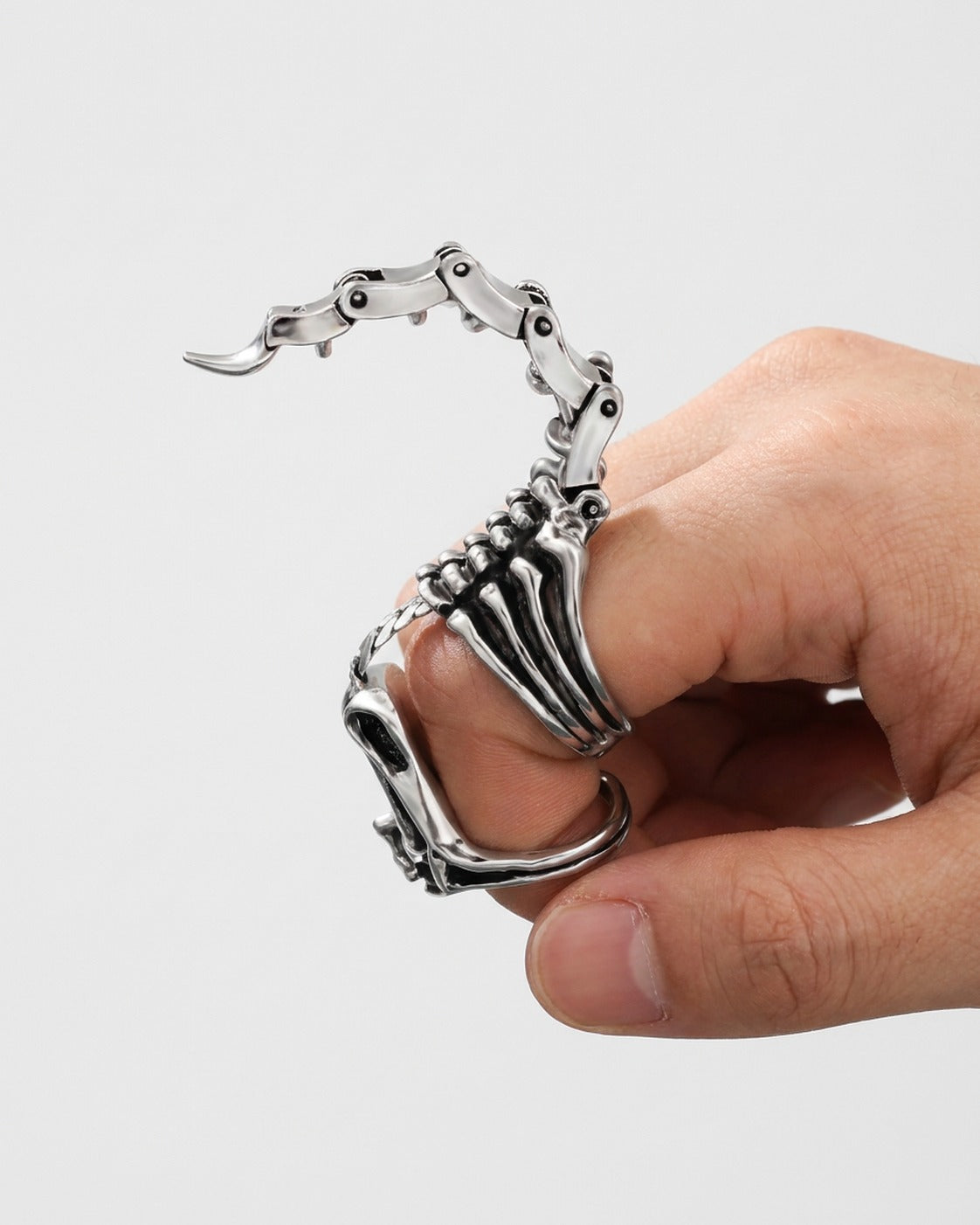 Scorpion Tail Ring worn – jointed silver scorpion tail ring