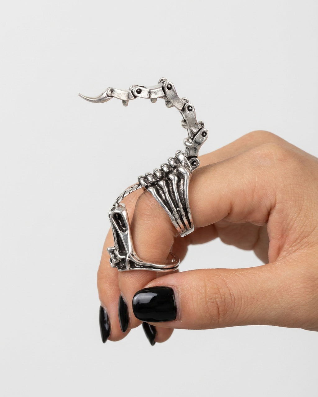 Scorpion Tail Ring worn – jointed silver scorpion tail ring