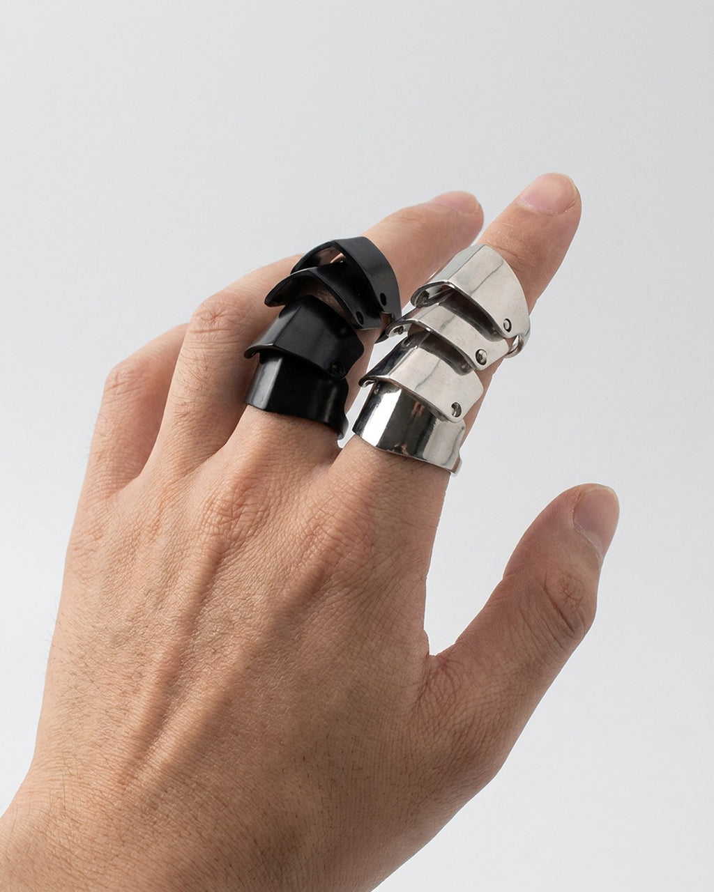 Geometric Armor Knuckle Ring worn – hinged geometric armor knuckle ring