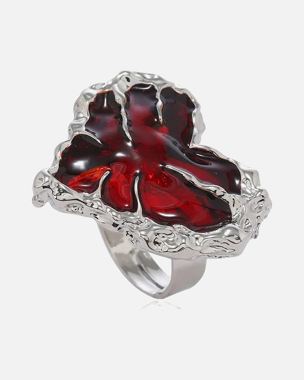Molten Red Heart Ring – red enamel heart ring in molten antique silver, product photo on grey background