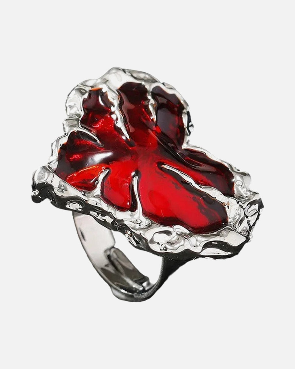 Molten Red Heart Ring – red enamel heart ring in molten antique silver, alternate view