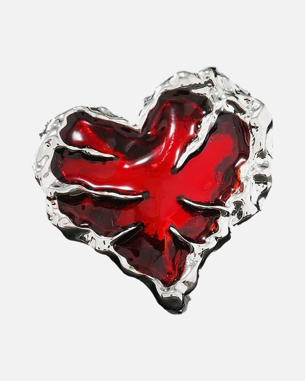 Molten Red Heart Ring – red enamel heart ring in molten antique silver, close-up detail