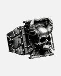 Horned Skull Signet Ring – horned skull signet ring in oxidised silver, product photo on grey background