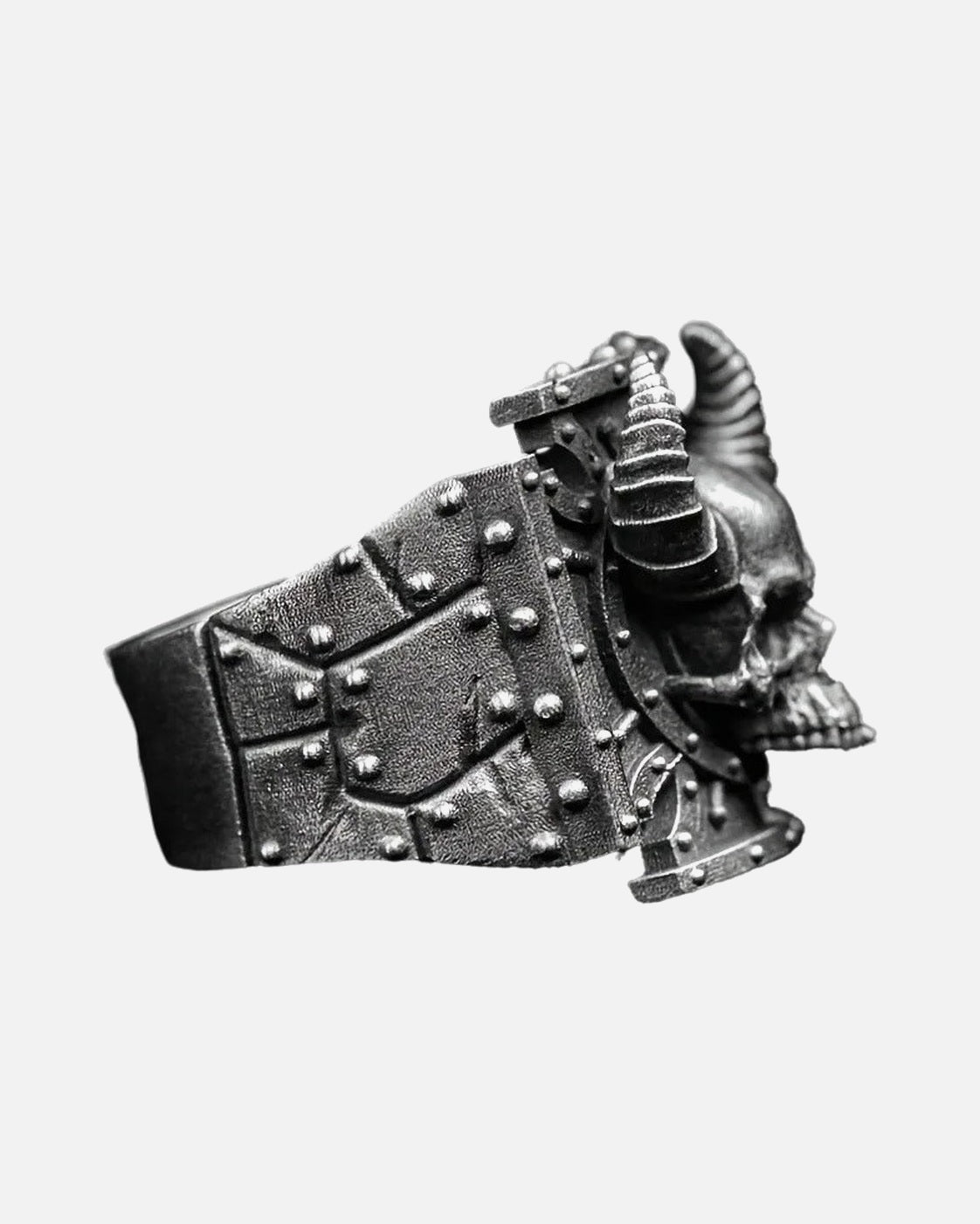 Horned Skull Signet Ring – horned skull signet ring in oxidised silver, alternate view