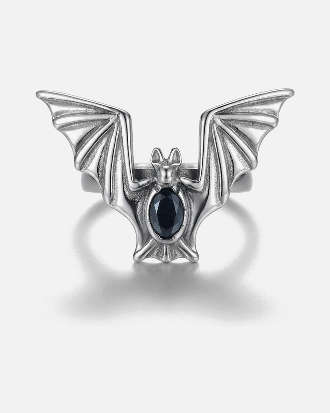 Bat Wing Ring – unisex gothic ring in alloy, front product photo on a grey background