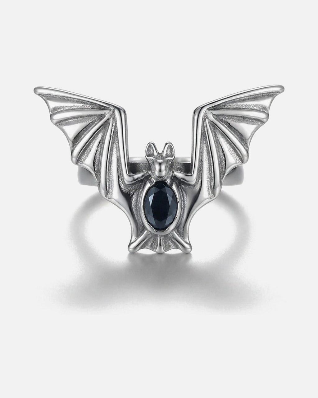 Bat Wing Ring – showing the bat wings and black gem, unisex gothic ring