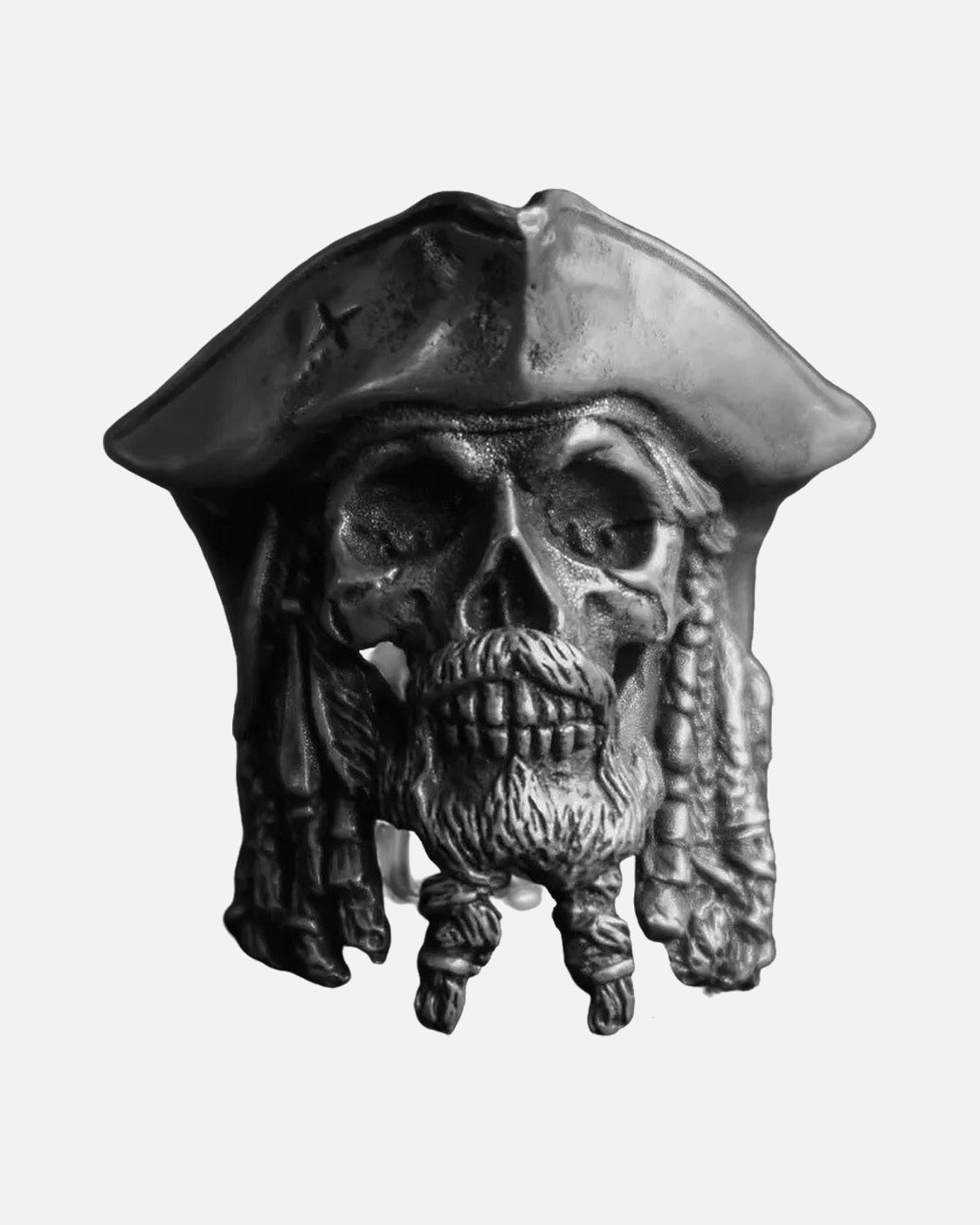 Pirate Captain Skull Ring – unisex punk ring in alloy, front product photo on a grey background