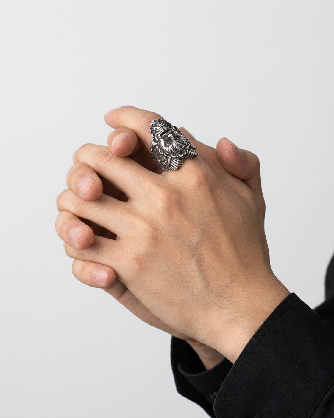 Goat Demon Face Ring worn – ram horned goat demon face ring