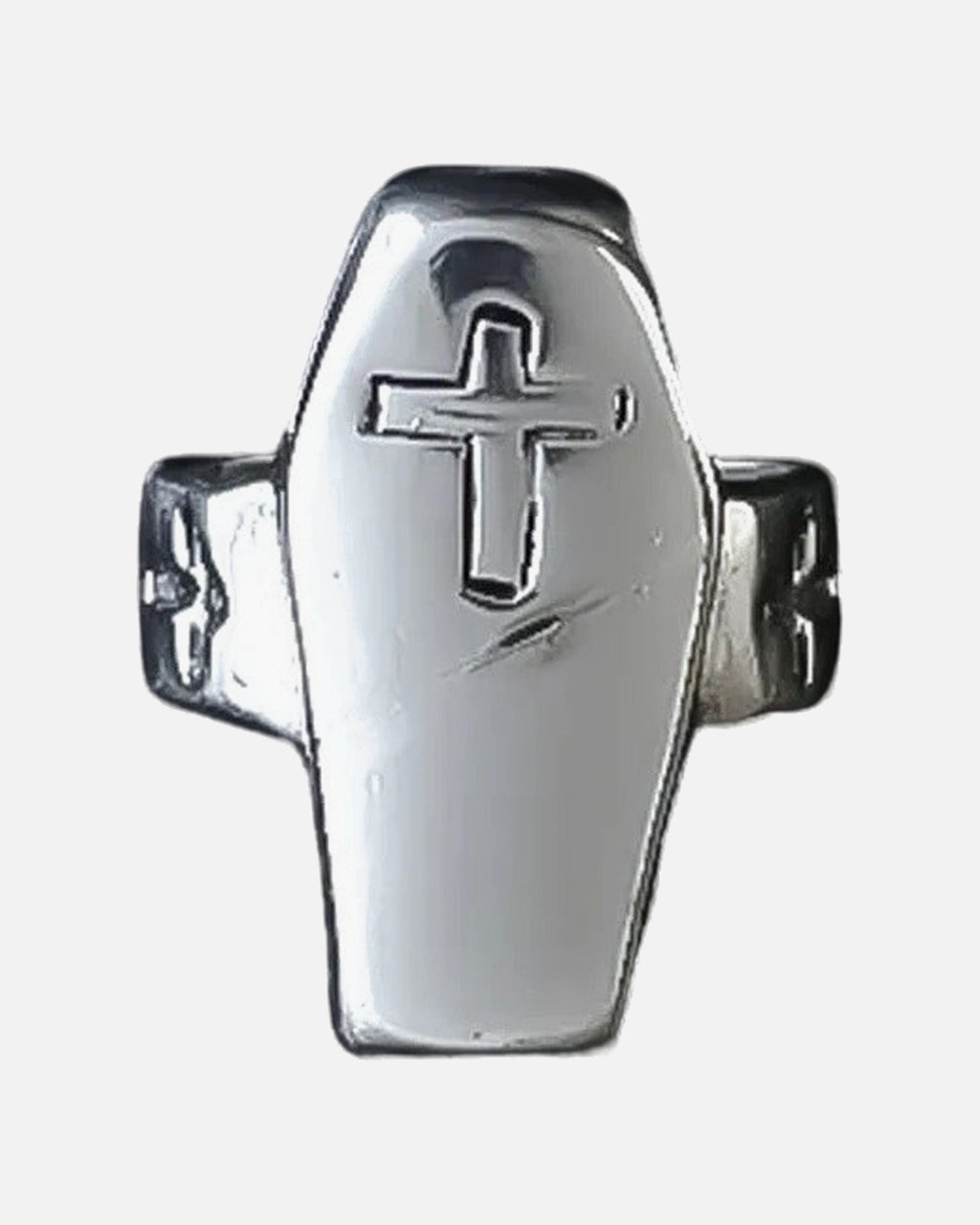 Coffin Cross Ring – shown from another angle, unisex gothic ring