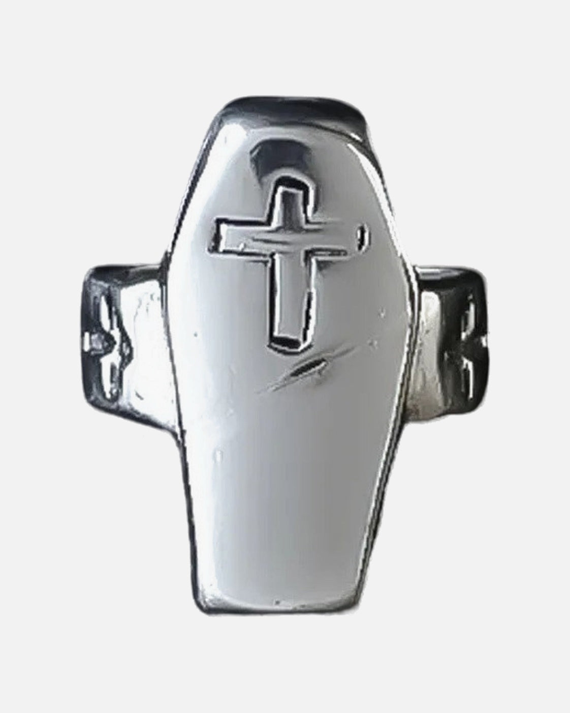 Coffin Cross Ring – shown from another angle, unisex gothic ring