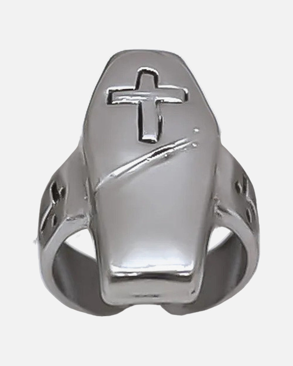 Coffin Cross Ring – showing the coffin detail, unisex gothic ring