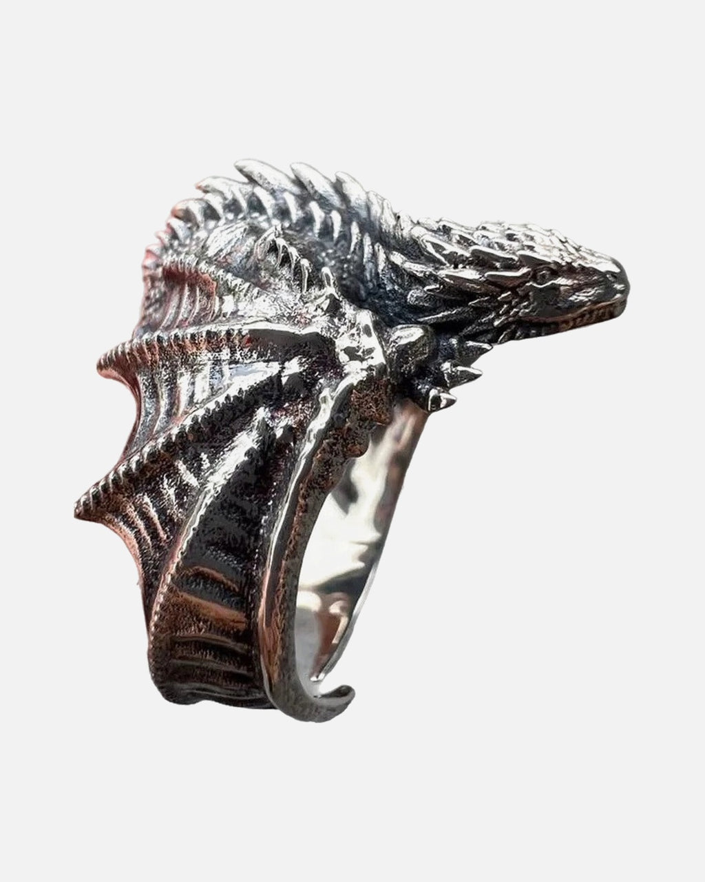 Winged Dragon Ring – antique silver winged dragon ring, product photo on grey background