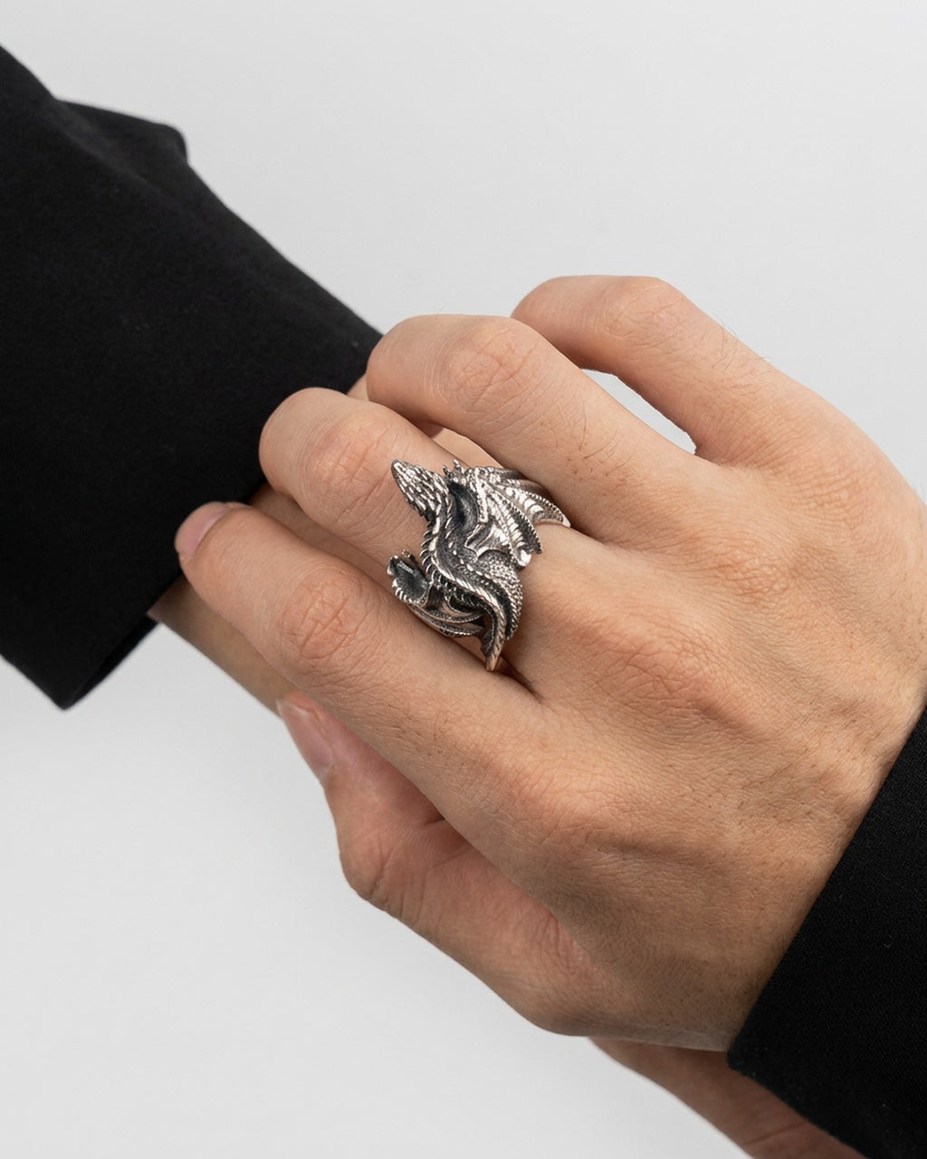 Winged Dragon Ring worn – antique silver winged dragon ring