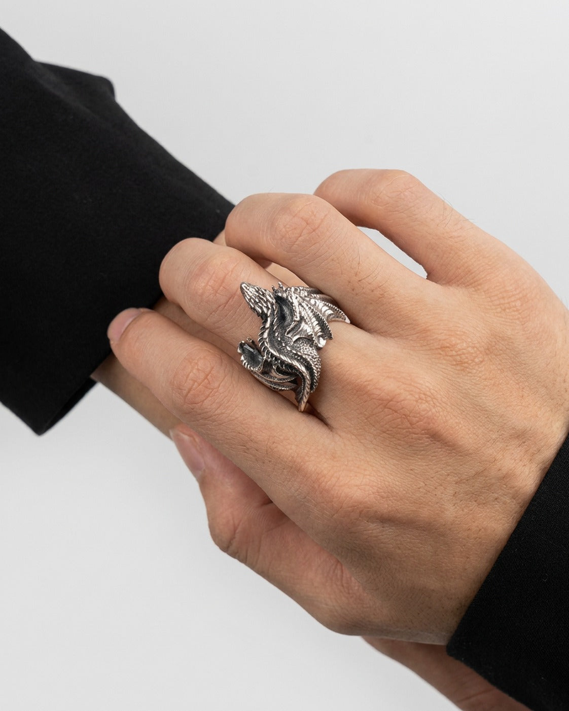 Winged Dragon Ring worn – antique silver winged dragon ring