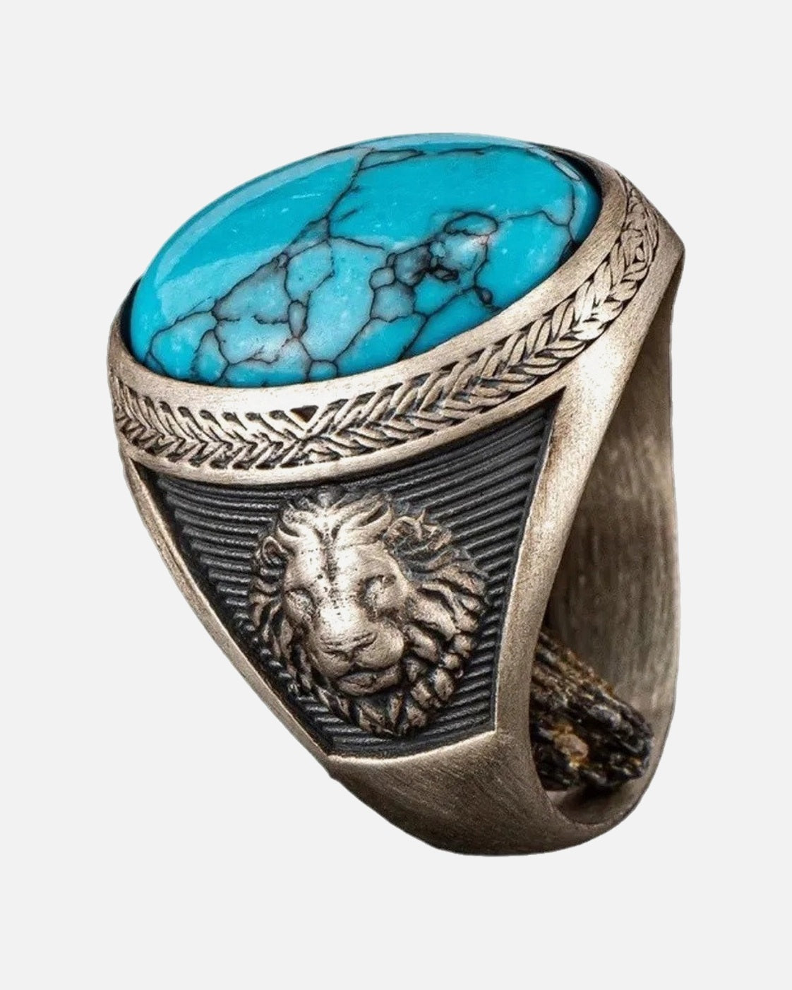 Turquoise Lion Signet Ring – turquoise lion signet ring, product photo on grey background