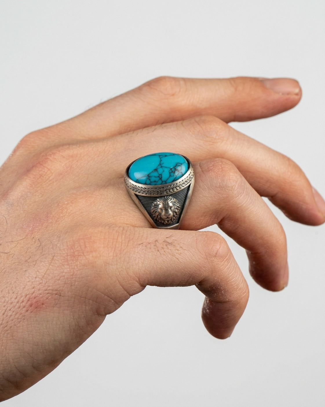 Turquoise Lion Signet Ring worn
