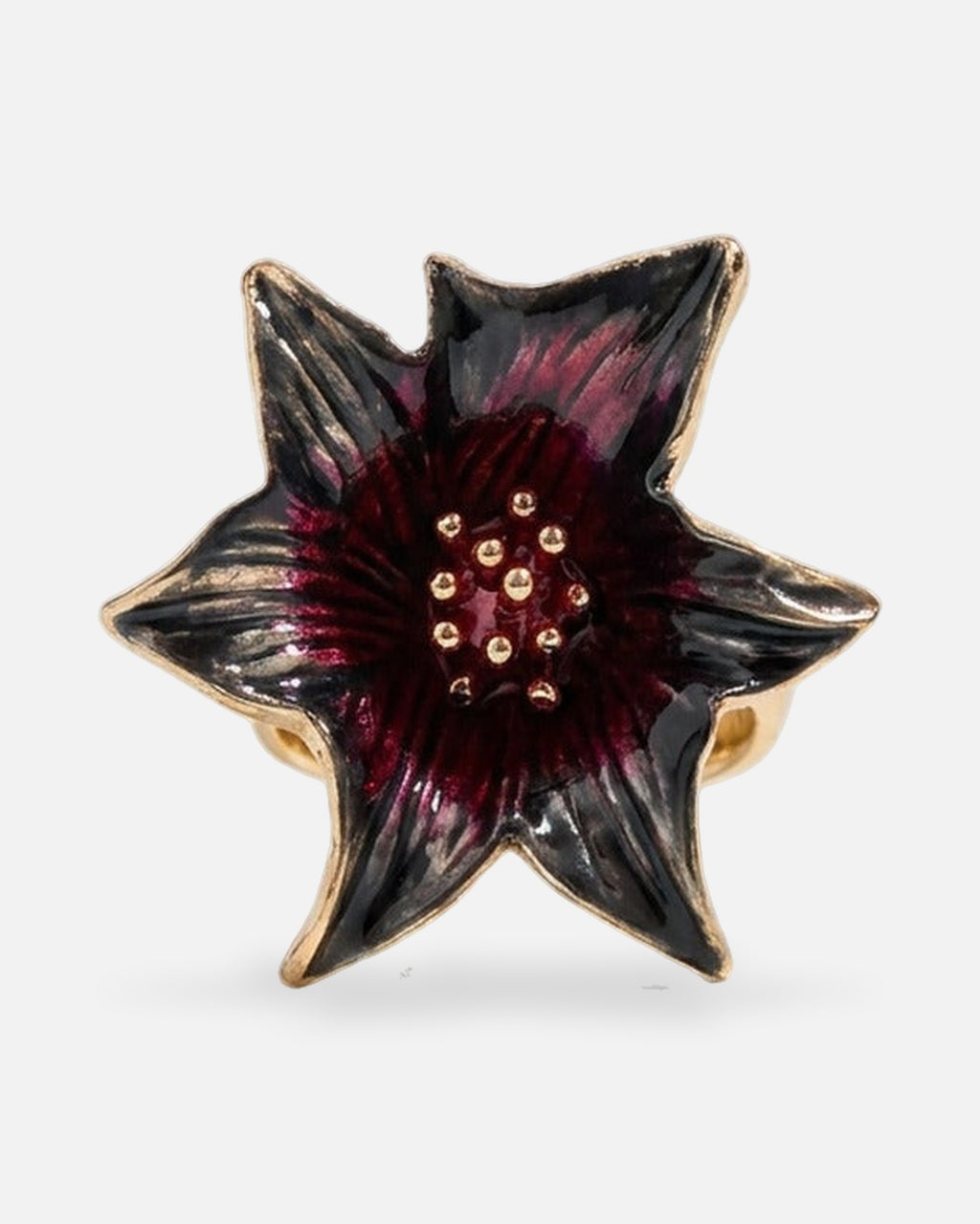 Black Star Flower Ring – black star flower ring with red centre, alternate view