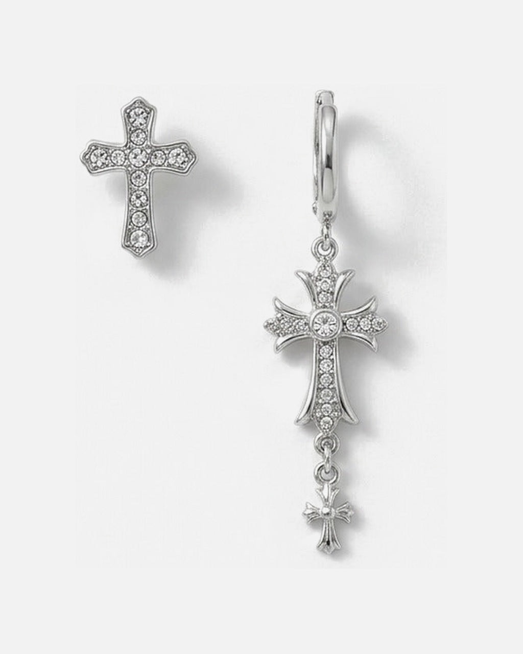 Rhinestone Cross Drop Earrings – mismatched rhinestone cross stud and drop earrings, product photo on grey background