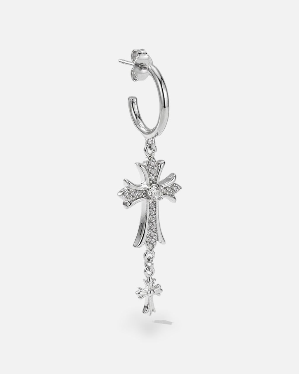 Rhinestone Cross Drop Earrings – mismatched rhinestone cross stud and drop earrings, alternate view