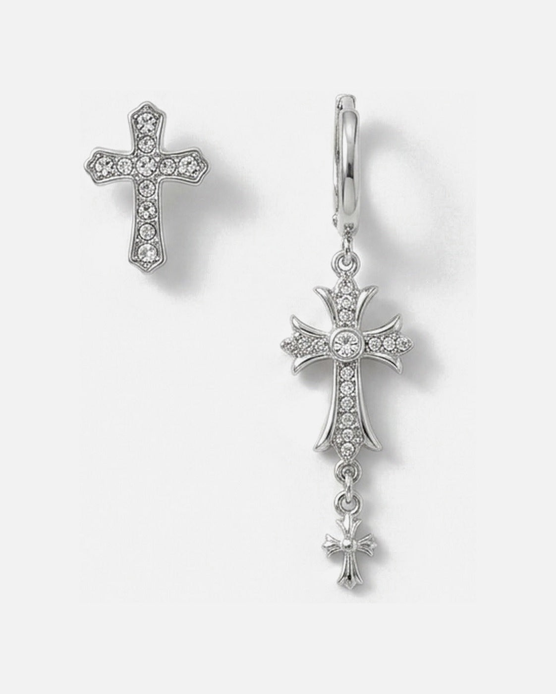Rhinestone Cross Drop Earrings detail – mismatched rhinestone cross stud and drop earrings
