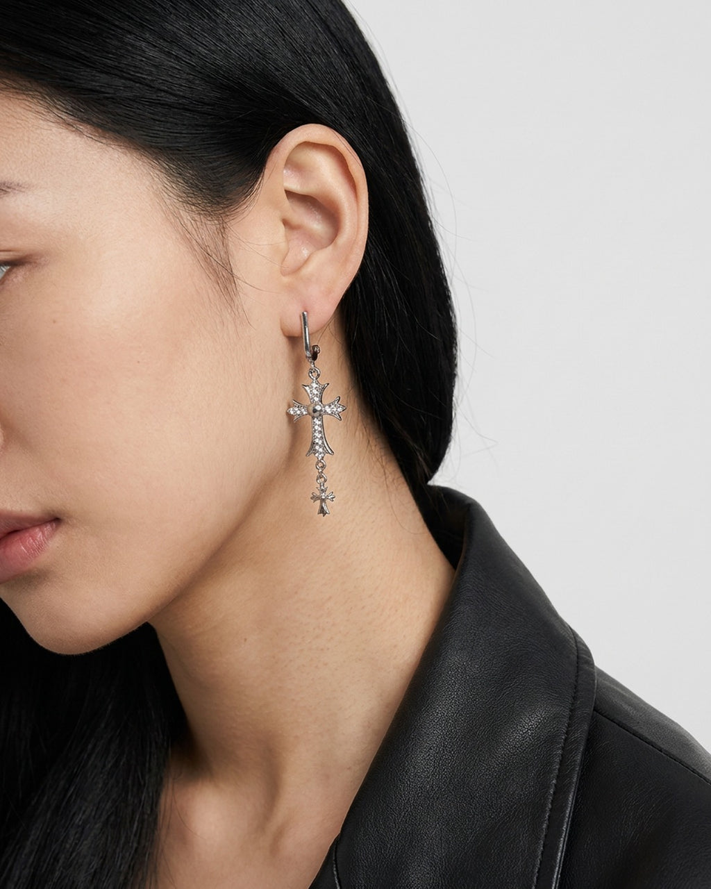 Rhinestone Cross Drop Earrings worn – mismatched rhinestone cross stud and drop earrings