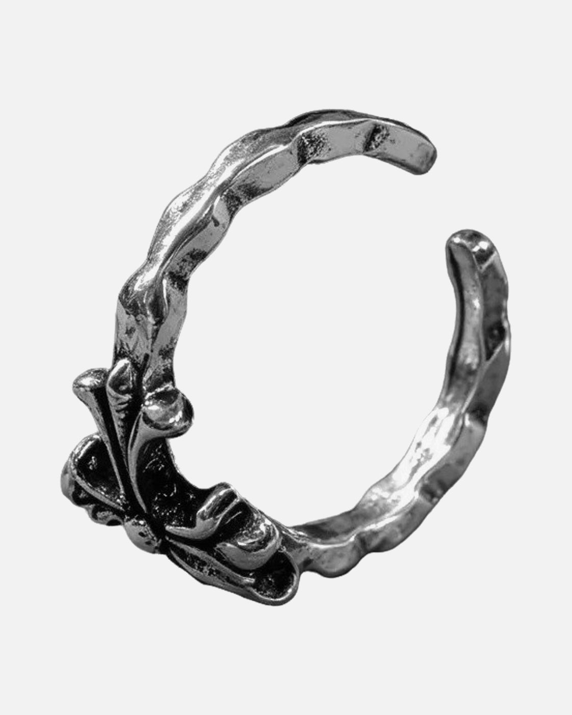 Gothic Cross Wrap Ring – hammered silver wrap ring with fleur cross, alternate view