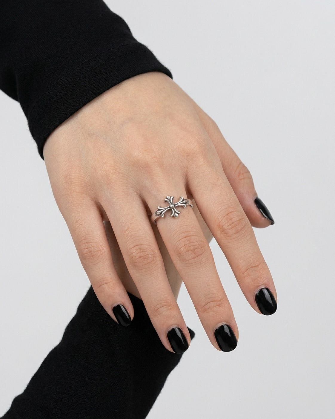 Gothic Cross Wrap Ring worn – hammered silver wrap ring with fleur cross