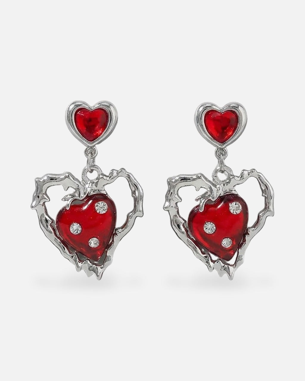 Molten Heart Earrings – Framed Heart Drop – red and black molten heart earrings
