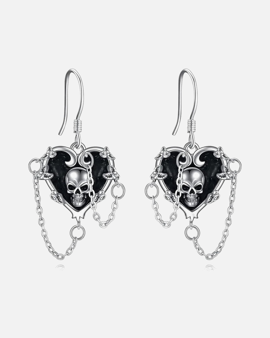 Skull Heart Chain Earrings – skull heart earrings with chain tassels, product photo on grey background