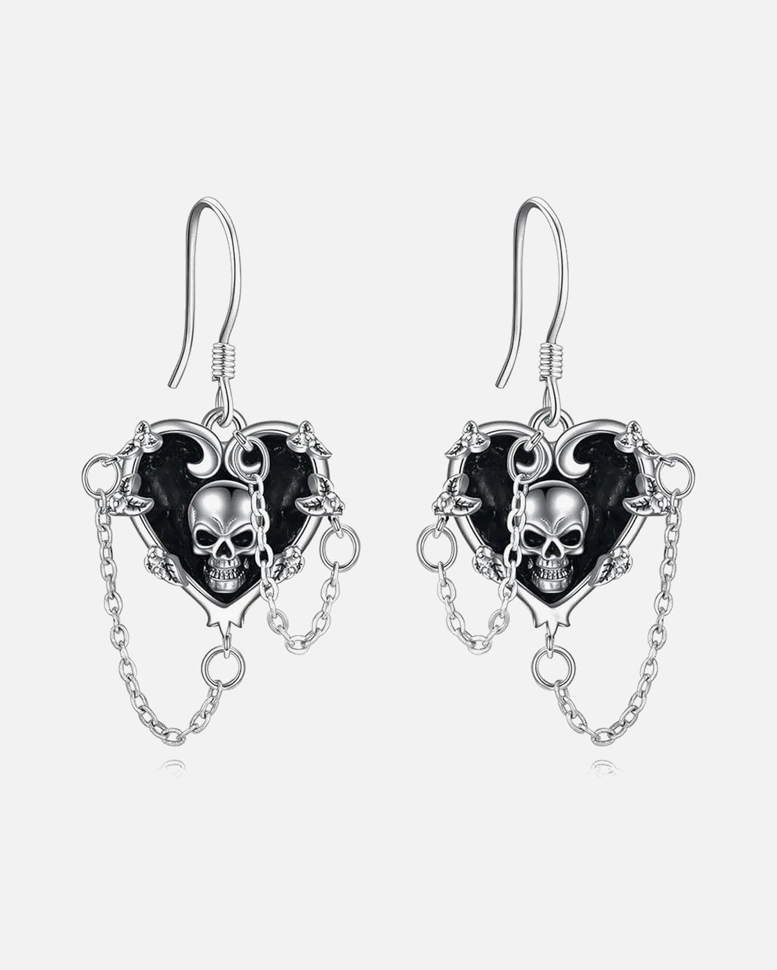 Skull Heart Chain Earrings – skull heart earrings with chain tassels, product photo on grey background