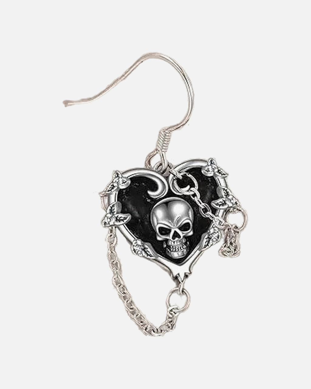 Skull Heart Chain Earrings – skull heart earrings with chain tassels, close-up detail