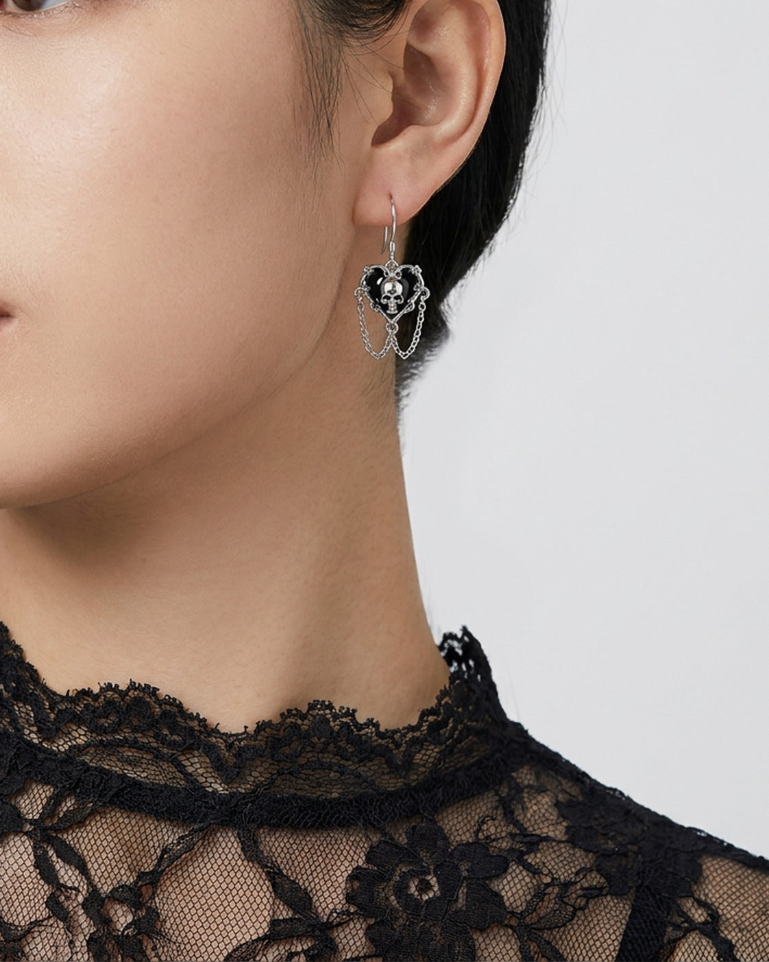 Skull Heart Chain Earrings worn