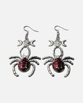 Spider Moon Drop Earrings – red spider and triple moon drop earrings, product photo on grey background