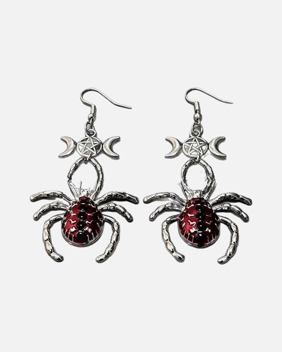 Spider Moon Drop Earrings – red spider and triple moon drop earrings, product photo on grey background