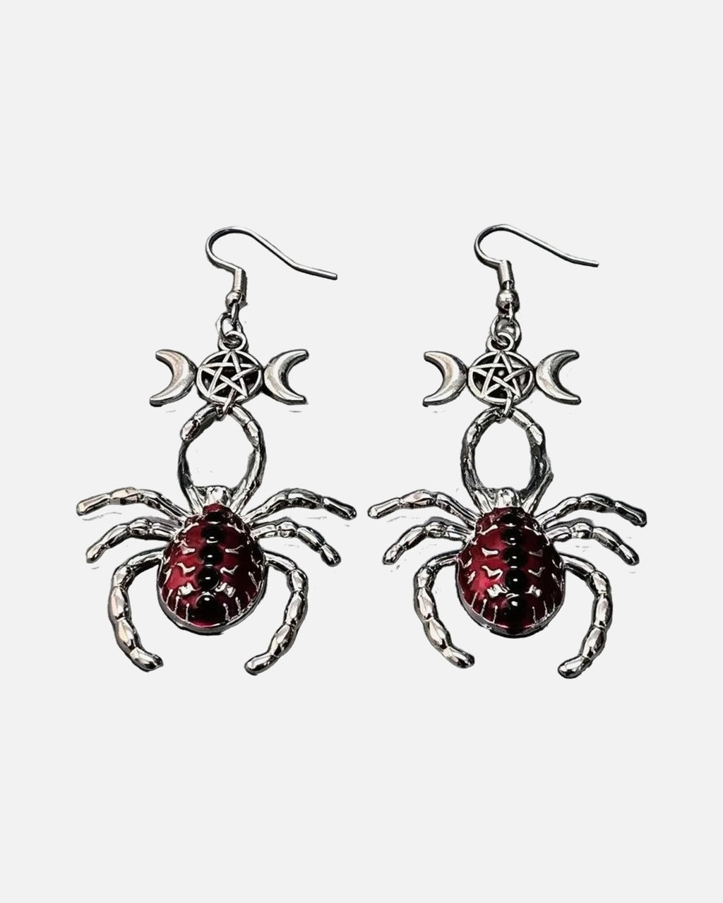Spider Moon Drop Earrings – red spider and triple moon drop earrings, alternate view