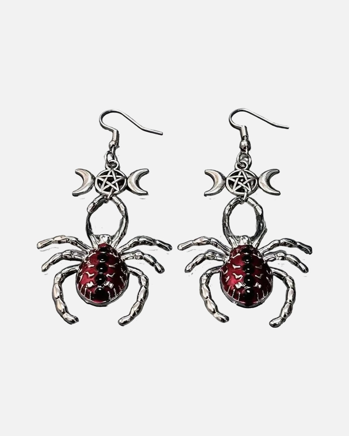 Spider Moon Drop Earrings – red spider and triple moon drop earrings, alternate view